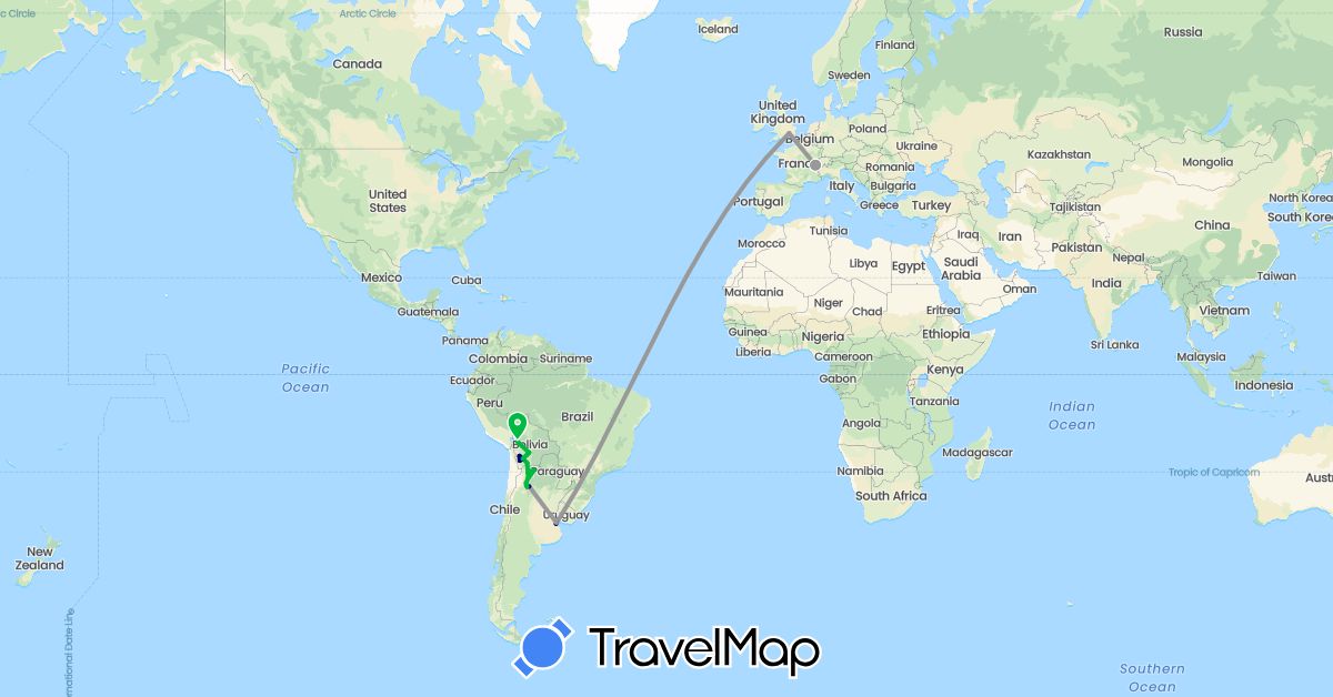 TravelMap itinerary: driving, bus, plane in Argentina, Bolivia, Switzerland, United Kingdom (Europe, South America)